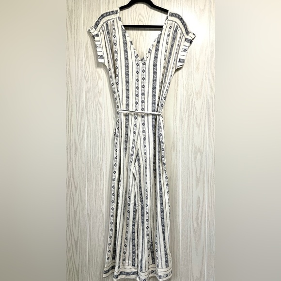 Monteau Womens Jumpsuit Small Ivory Navy Blue Patterned Stripe Crop Wide Size L - Picture 1 of 4